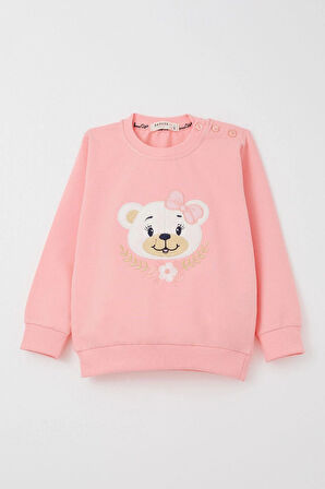 Breeze Kız Bebek Eşofman Takım Sevimli Ayıcık Nakışlı Çiçekli 9 Ay-3 Yaş, Pembe