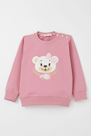 Breeze Kız Bebek Eşofman Takım Sevimli Ayıcık Nakışlı Çiçekli 9 Ay-3 Yaş, Gülkurusu