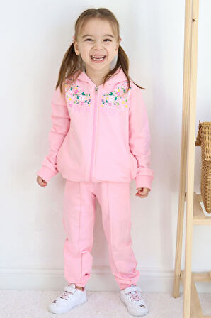 Breeze Kız Çocuk Eşofman Takım Renkli Çiçek Desenli Fermuarlı 1.5-5 Yaş, Pembe