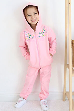 Breeze Kız Çocuk Eşofman Takım Renkli Çiçek Desenli Fermuarlı 1.5-5 Yaş, Pembe