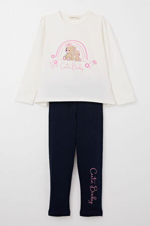 Breeze Kız Çocuk Taytlı Takım Sevimli Bebek Ayıcıklar Baskılı 1-4 Yaş, Ekru