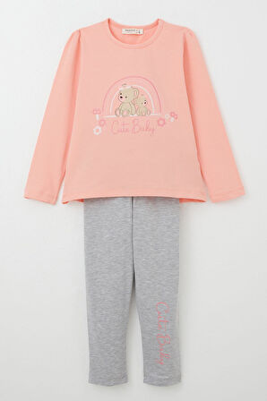 Breeze Kız Çocuk Taytlı Takım Sevimli Bebek Ayıcıklar Baskılı 1-4 Yaş, Somon