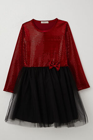 Breeze Kız Çocuk Uzun Kollu Elbise Kadife Pullu 5-10 Yaş, Kırmızı