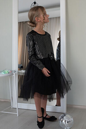 Breeze Kız Çocuk Uzun Kollu Elbise Kadife Pullu 5-10 Yaş, Siyah