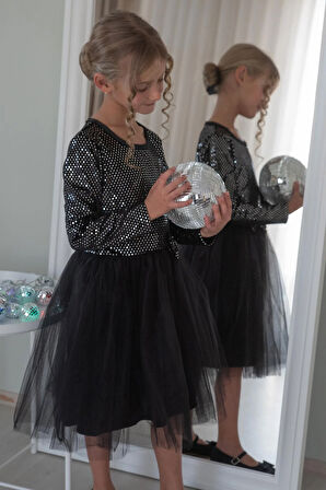 Breeze Kız Çocuk Uzun Kollu Elbise Kadife Pullu 5-10 Yaş, Siyah