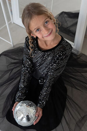 Breeze Kız Çocuk Uzun Kollu Elbise Kadife Pullu 5-10 Yaş, Siyah