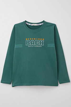 Breeze Erkek Çocuk Uzun Kollu Tişört Motivasyon Temalı & Sırt Kısmı Ayıcık Baskılı 4-8 Yaş, Petrol Yeşili