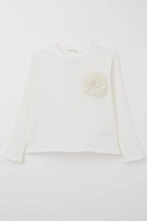 Breeze Kız Çocuk Uzun Kollu Bluz Çiçek Aksesuarlı 8-14 Yaş, Ekru