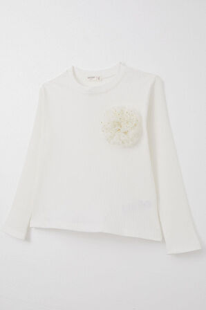 Breeze Kız Çocuk Uzun Kollu Bluz Çiçek Aksesuarlı 8-14 Yaş, Ekru