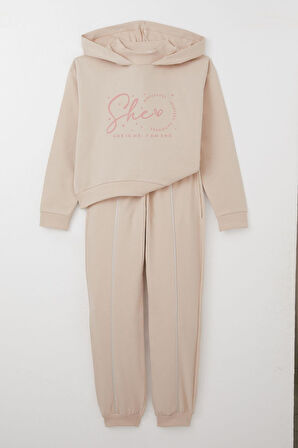 Breeze Kız Çoçuk Eşofman Takım Balıkçı Yaka Kapüşonlu 8-14 Yaş, Bej