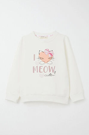 Breeze Kız Çocuk Eşofman Takım Sevimli Fiyonklu Kedi Baskılı 1.5-5 Yaş, Ekru