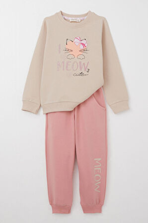 Breeze Kız Çocuk Eşofman Takım Sevimli Fiyonklu Kedi Baskılı 1.5-5 Yaş, Bej