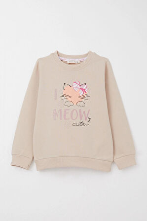 Breeze Kız Çocuk Eşofman Takım Sevimli Fiyonklu Kedi Baskılı 1.5-5 Yaş, Bej