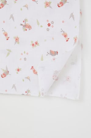 Breeze Yenidoğan Bebek Müslin Battaniye Çiçek & Kuş Desenli Standart, Ekru