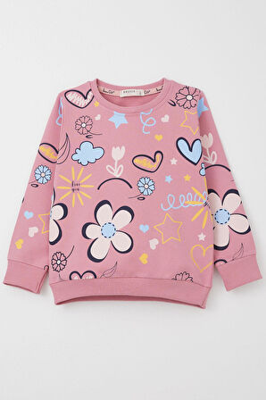 Breeze Kız Çocuk Sweatshirt Bahar Temalı Çicek Desenli 2-6 Yaş, Gülkurusu