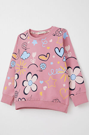 Breeze Kız Çocuk Sweatshirt Bahar Temalı Çicek Desenli 2-6 Yaş, Gülkurusu