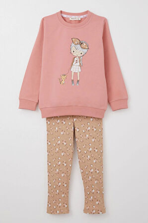 Breeze Kız Çocuk Taytlı Takım Sevimli Kız Baskılı Çiçekli 2-6 Yaş, Gülkurusu