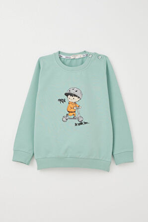 Breeze Erkek Bebek Eşofman Takım Scooter Süren Çocuk Baskılı 9 Ay-3 Yaş, Su Yeşili