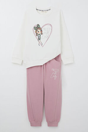 Breeze Kız Çocuk Eşofman Takım Havalı Kız Baskılı 2-6 Yaş, Ekru