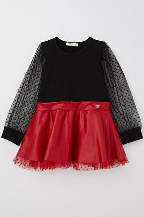 Breeze Kız Çocuk Uzun Kollu Elbise Etek Kısmı Deri Kolları Tül Detaylı 3-8 Yaş, Siyah