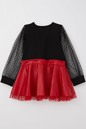 Breeze Kız Çocuk Uzun Kollu Elbise Etek Kısmı Deri Kolları Tül Detaylı 3-8 Yaş, Siyah