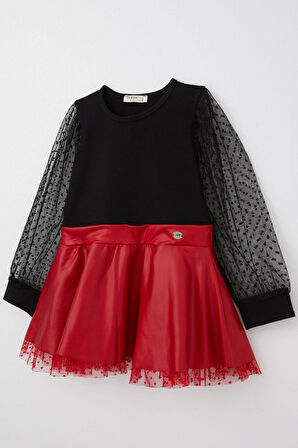 Breeze Kız Çocuk Uzun Kollu Elbise Etek Kısmı Deri Kolları Tül Detaylı 3-8 Yaş, Siyah