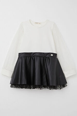 Breeze Kız Çocuk Uzun Kollu Elbise Etek Kısmı Deri Kolları Tül Detaylı 3-8 Yaş, Ekru