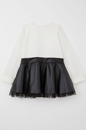 Breeze Kız Çocuk Uzun Kollu Elbise Etek Kısmı Deri Kolları Tül Detaylı 3-8 Yaş, Ekru