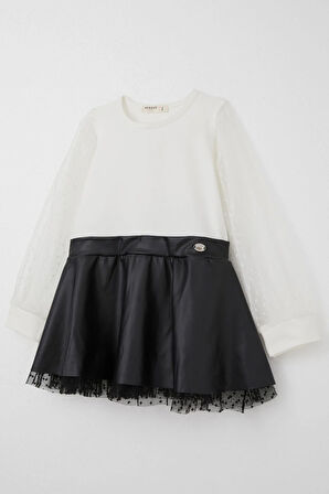 Breeze Kız Çocuk Uzun Kollu Elbise Etek Kısmı Deri Kolları Tül Detaylı 3-8 Yaş, Ekru