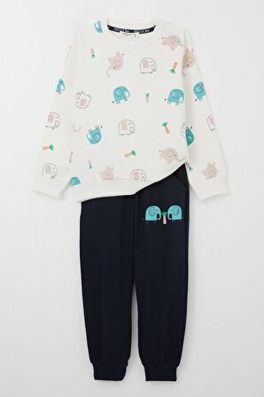 Breeze Erkek Çocuk Eşofman Takım Sevimli Fil Desenli 1-4 Yaş, Ekru