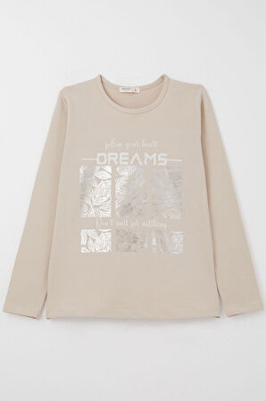 Breeze Kız Çocuk Uzun Kollu Tişört Yaldızlı Yaprak Desenli 9-14 Yaş, Bej