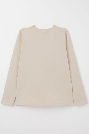 Breeze Kız Çocuk Uzun Kollu Tişört Yaldızlı Yaprak Desenli 9-14 Yaş, Bej