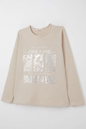 Breeze Kız Çocuk Uzun Kollu Tişört Yaldızlı Yaprak Desenli 9-14 Yaş, Bej