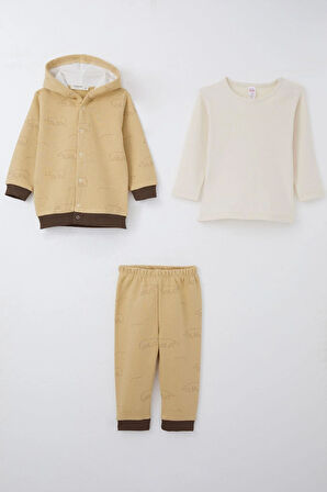 Breeze Erkek Bebek Bodyli 3 Lü Takım Kutup Ayısı Desenli 4 Ay-1 Yaş, Bej