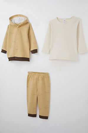 Breeze Erkek Bebek Bodyli 3 Lü Takım Kutup Ayısı Desenli 4 Ay-1 Yaş, Bej