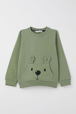 Breeze Erkek Bebek Eşofman Takım Sevimli Ayıcık Desenli Kanguru Cepli 9 Ay-3 Yaş, Haki Yeşil