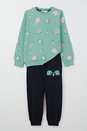 Breeze Erkek Çocuk Eşofman Takım Sevimli Fil Desenli 1-4 Yaş, Su Yeşili