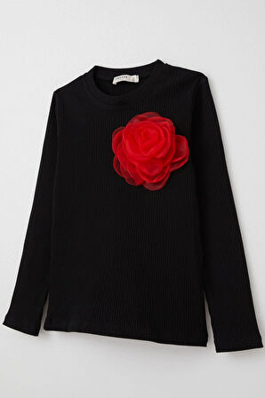Breeze Kız Çocuk Uzun Kollu Tişört Gül Aksesuarlı 8-14 Yaş, Siyah