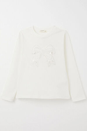 Breeze Kız Çocuk Uzun Kollu Tişört Kelebek Armalı İncili 8-14 Yaş, Ekru