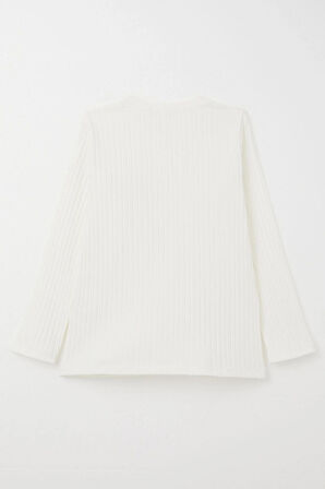 Breeze Kız Çocuk Uzun Kollu Tişört Kelebek Armalı İncili 8-14 Yaş, Ekru