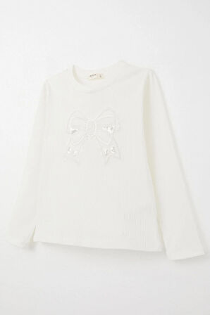 Breeze Kız Çocuk Uzun Kollu Tişört Kelebek Armalı İncili 8-14 Yaş, Ekru