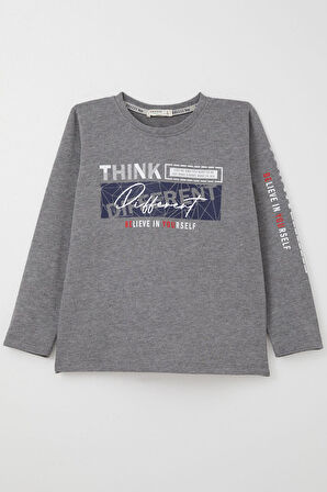 Breeze Erkek Çocuk Uzun Kollu Tişört Motivasyon Temalı Sırt Kısmı Baskılı 6-12 Yaş, Koyu Gri Melanj