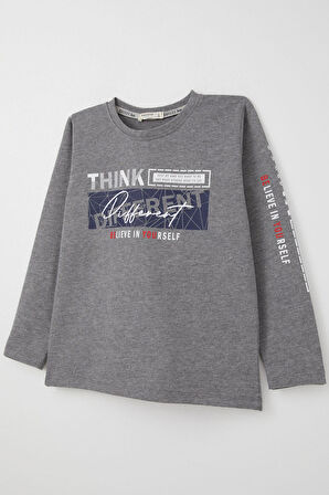 Breeze Erkek Çocuk Uzun Kollu Tişört Motivasyon Temalı Sırt Kısmı Baskılı 6-12 Yaş, Koyu Gri Melanj
