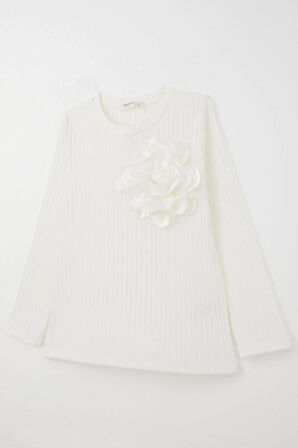 Breeze Kız Çocuk Uzun Kollu Tişört Gül Aksesuarlı 8-14 Yaş, Ekru