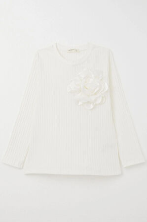 Breeze Kız Çocuk Uzun Kollu Tişört Gül Aksesuarlı 8-14 Yaş, Ekru