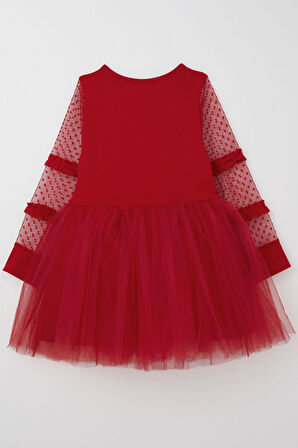 Breeze Kız Çocuk Uzun Kollu Elbise Kolları Tül Fiyonk Aksesuarlı Tüllü 5-10 Yaş, Kırmızı