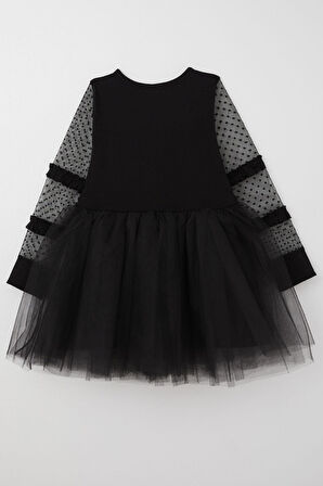 Breeze Kız Çocuk Uzun Kollu Elbise Kolları Tül Fiyonk Aksesuarlı Tüllü 5-10 Yaş, Siyah