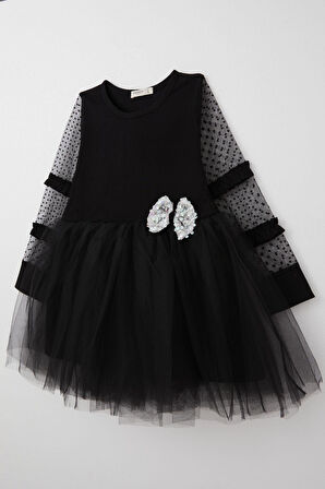 Breeze Kız Çocuk Uzun Kollu Elbise Kolları Tül Fiyonk Aksesuarlı Tüllü 5-10 Yaş, Siyah