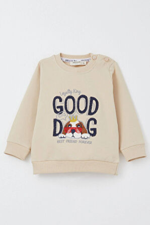 Breeze Erkek Bebek Eşofman Takım Sevimli Kral Köpekçik Nakışlı 6 Ay-2 Yaş, Bej