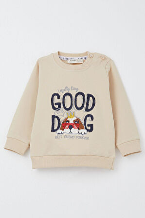 Breeze Erkek Bebek Eşofman Takım Sevimli Kral Köpekçik Nakışlı 6 Ay-2 Yaş, Bej